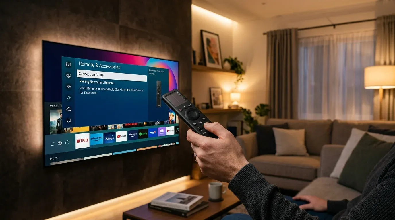 Управление телевизором Samsung Smart TV с помощью пульта Samsung Smart Remote и открытое меню аксессуаров