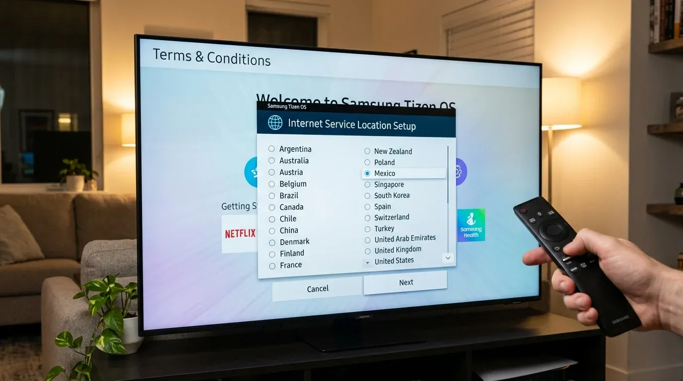 Экран телевизора Samsung Tizen OS с открытым меню выбора страны Internet Service Location Setup