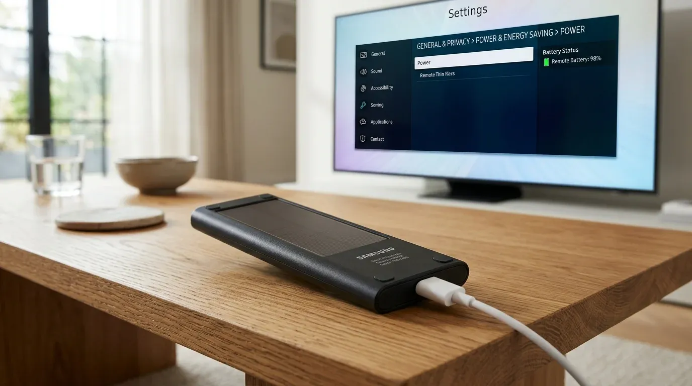 Зарядка пульта Samsung SolarCell через разъем USB Type-C на столике возле экрана с меню уровня заряда