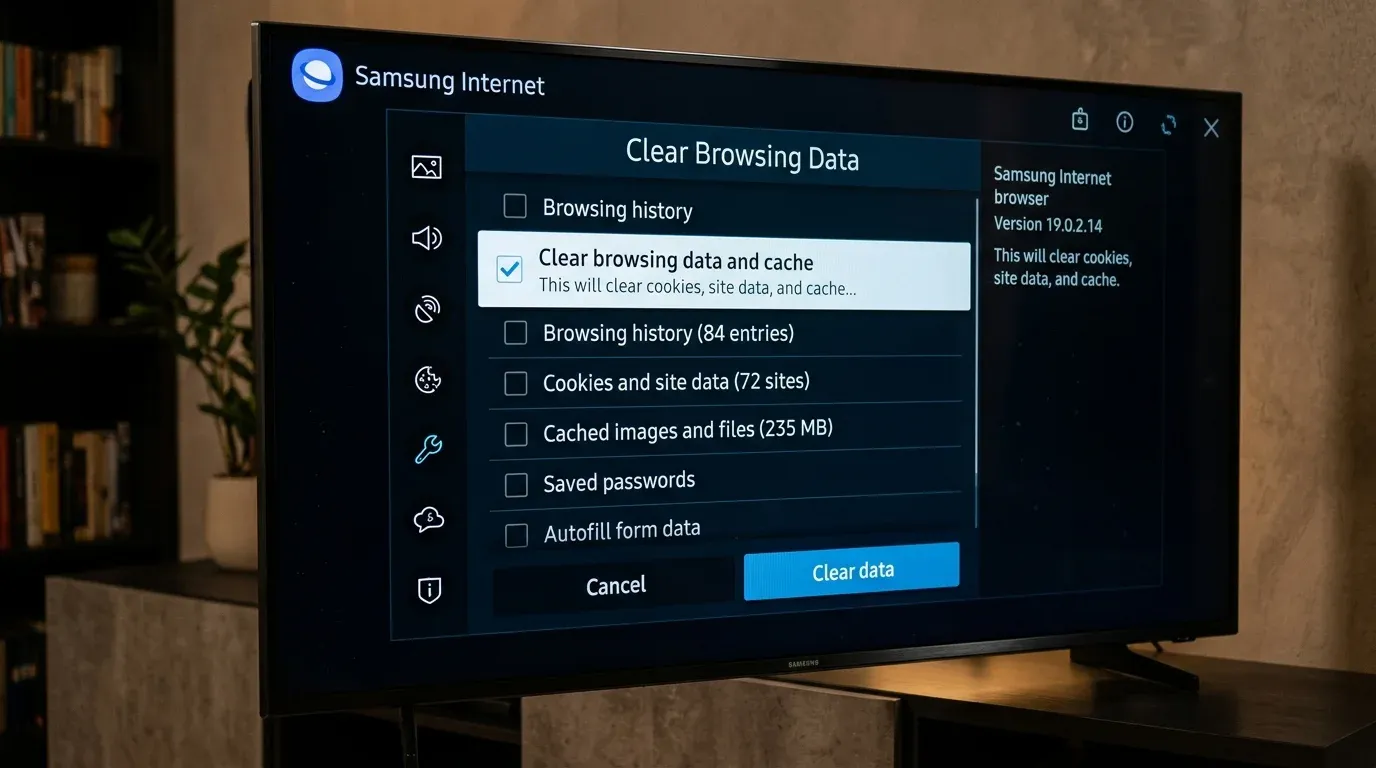 Экран телевизора с открытым меню настроек браузера Samsung Internet для удаления кэша и cookies