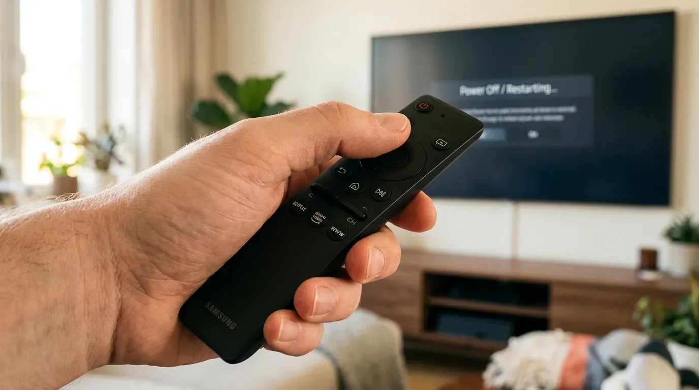 Рука держит пульт Samsung One Remote и зажимает кнопку питания для выполнения холодной перезагрузки ТВ
