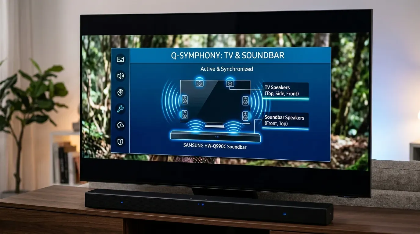Схема работы режима Samsung Q-Symphony с одновременным звучанием динамиков ТВ и саундбара