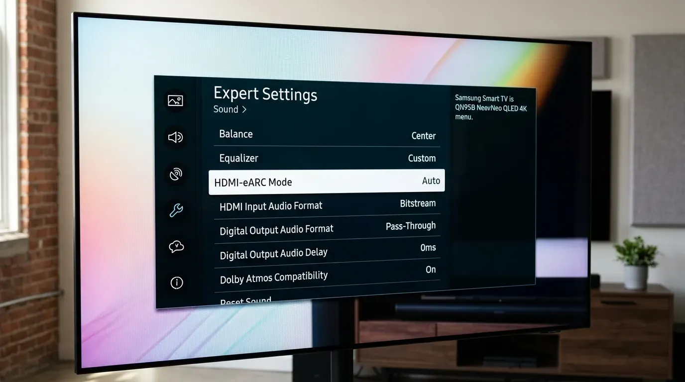 Меню экспертных настроек звука Tizen OS с активным режимом HDMI-eARC и выводом Pass-Through