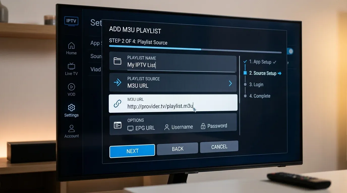 Экран телевизора Samsung с меню ввода M3U URL в приложении OTT-Play на Tizen OS