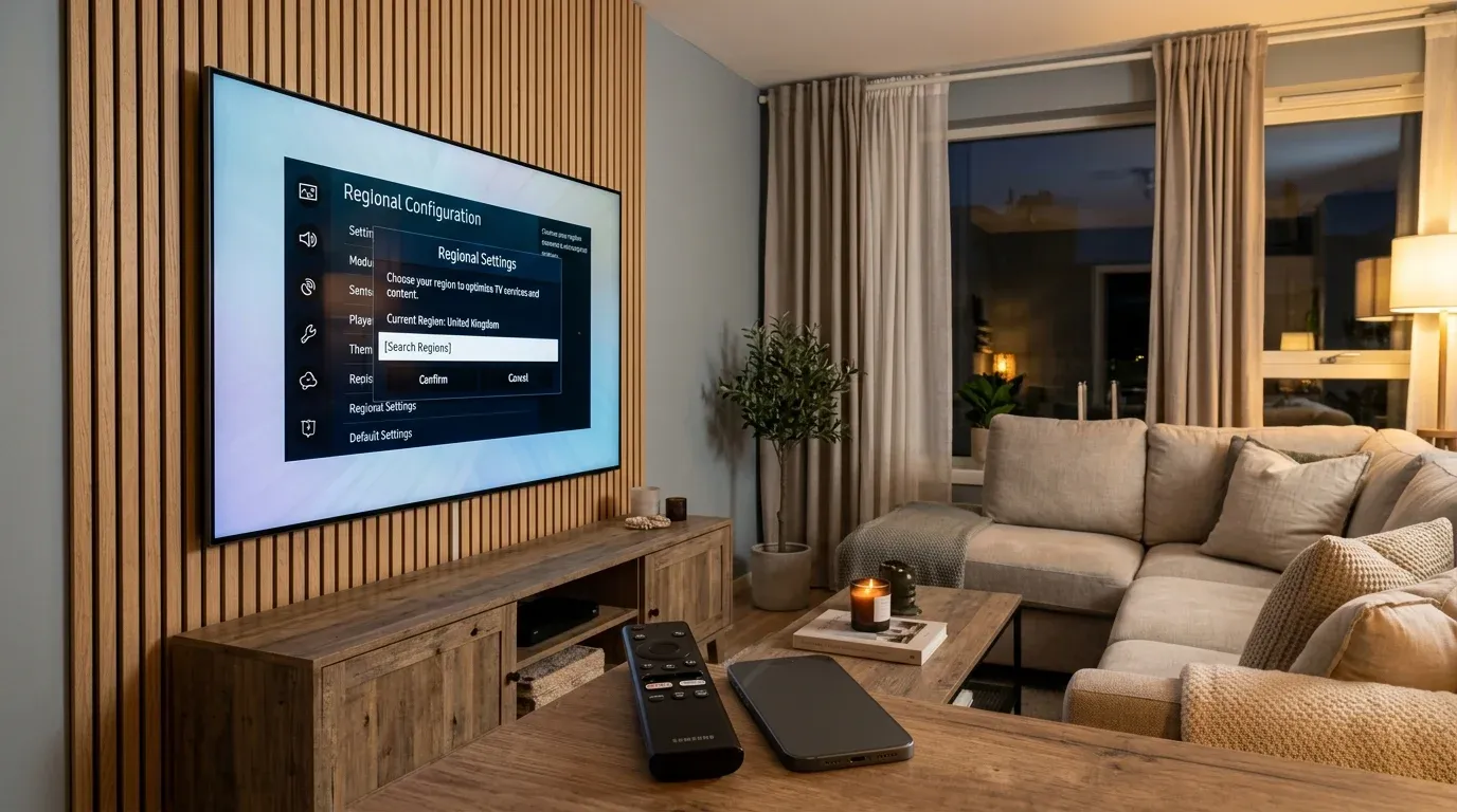 Современный телевизор Samsung QLED на стене гостиной с открытым окном региональных настроек Smart Hub