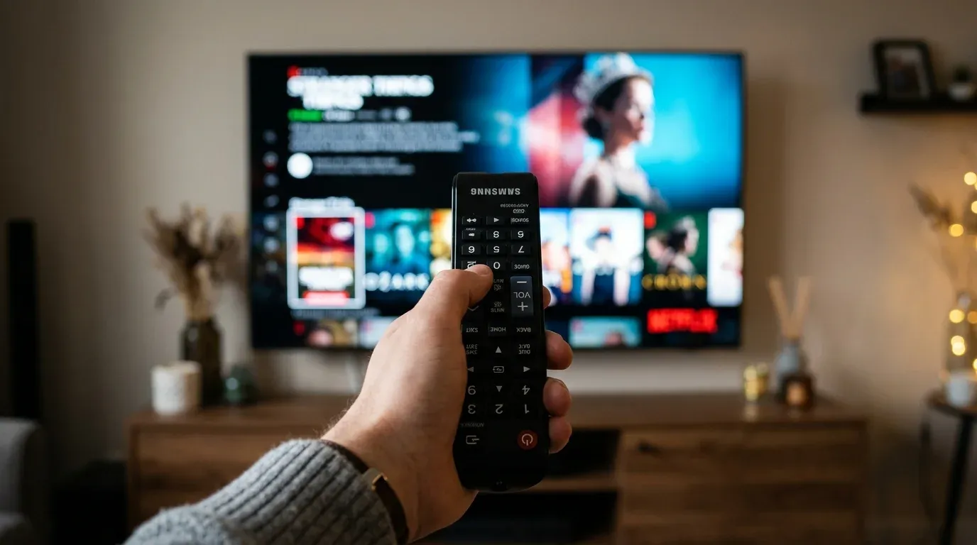 Кнопочный пульт дистанционного управления Samsung направлен на современный Smart TV в гостиной