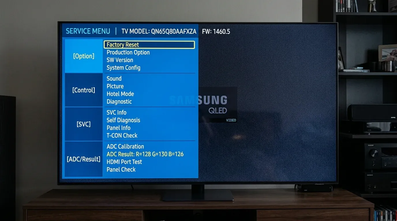 Экран телевизора Samsung QLED с открытым сервисным меню на синем фоне и списком параметров Option, Control, SVC