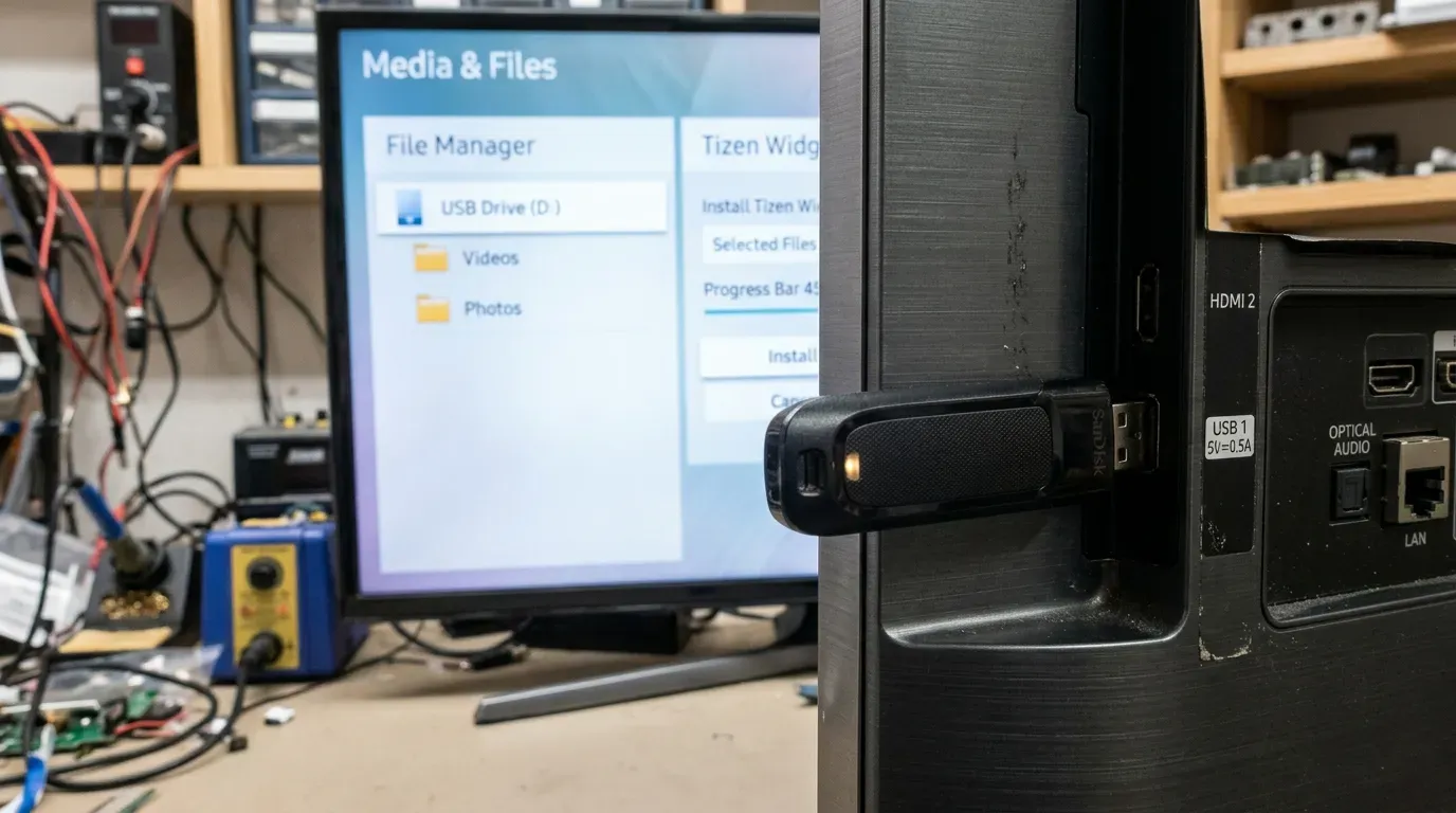 Флешка вставлена в боковой разъем USB телевизора Samsung Smart TV