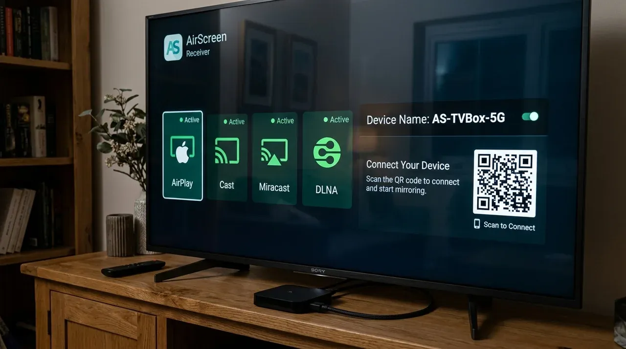 Интерфейс приложения AirScreen на экране телевизора с активными протоколами и QR-кодом для подключения