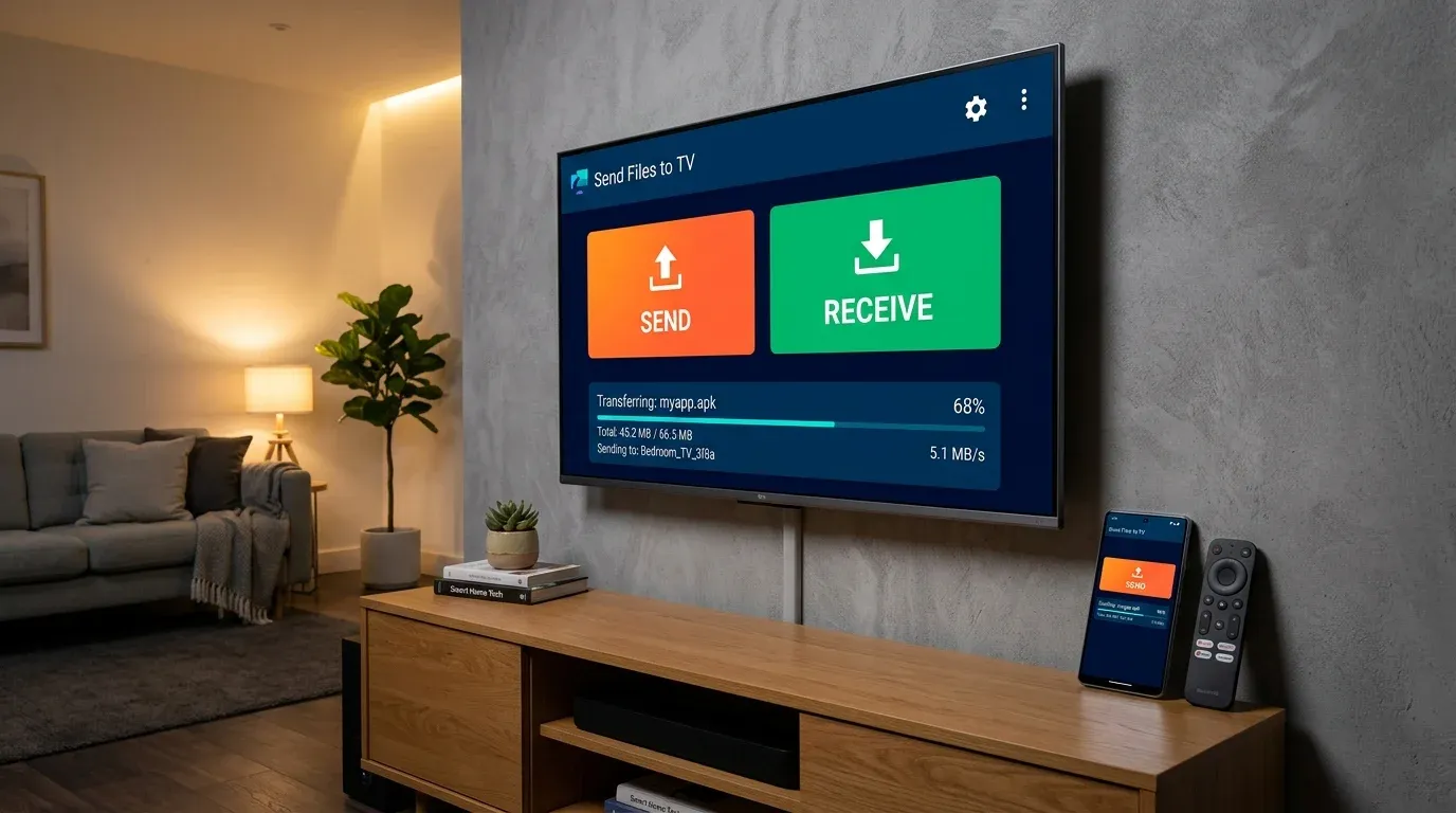 Интерфейс приложения Send Files to TV на экране Smart TV и смартфоне для передачи APK по Wi-Fi