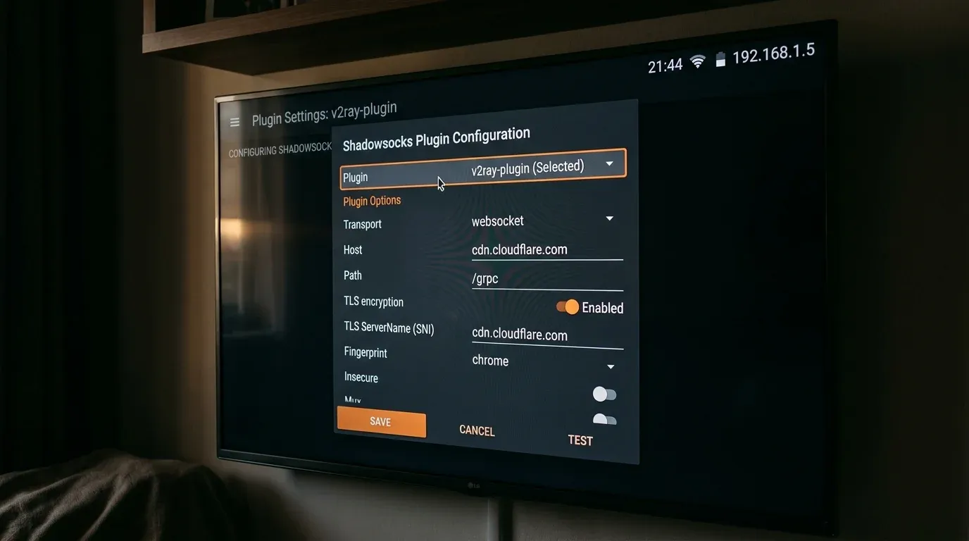 Диалоговое окно конфигурации плагина v2ray-plugin в Shadowsocks на экране Android TV