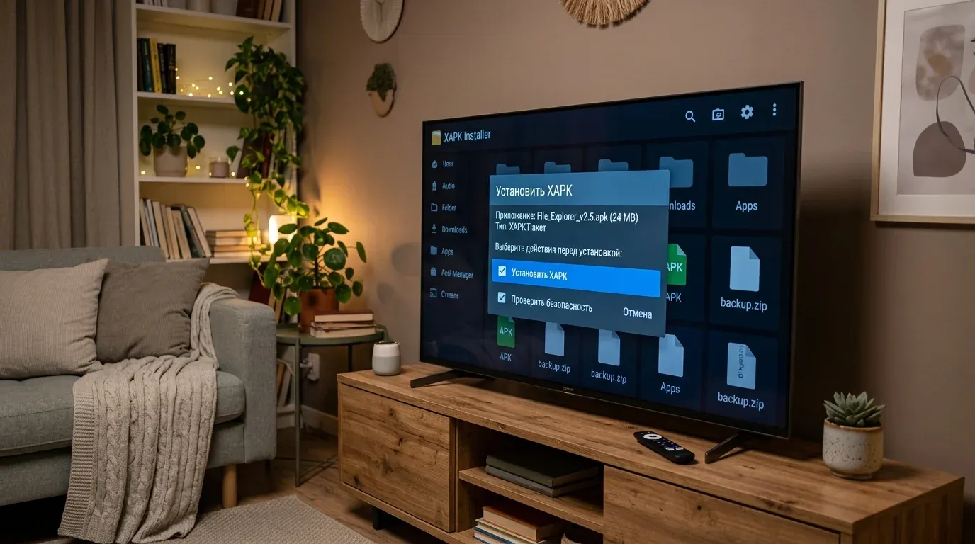 Установка приложений APK и сплит-пакетов XAPK на телевизор Smart TV в гостиной