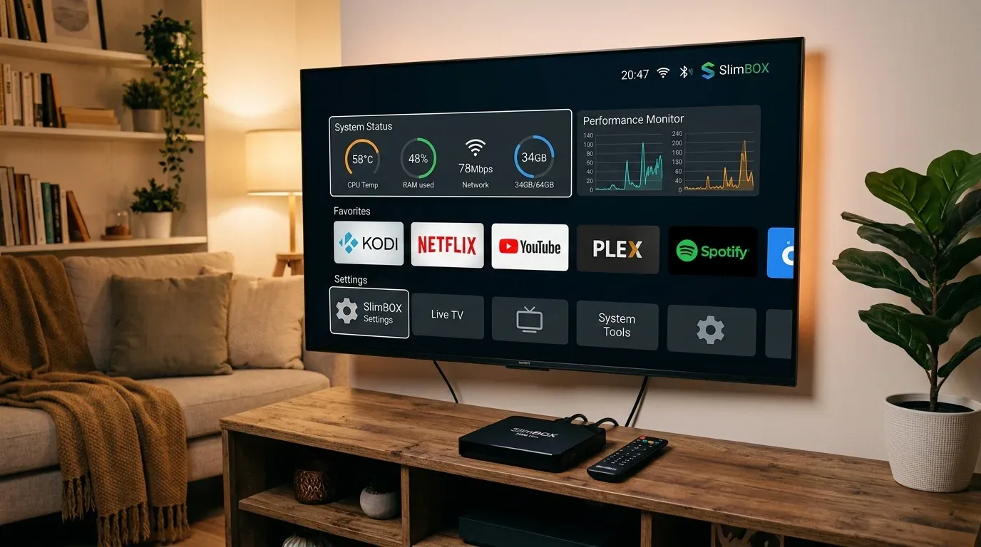 Главный экран приставки на кастомной прошивке SlimBOX OS с виджетами мониторинга процессора