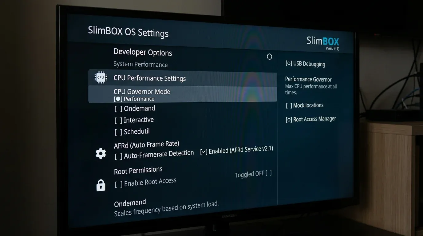 Меню тонких настроек параметров CPU Governor и службы автофреймрейта AFRd в SlimBOX OS