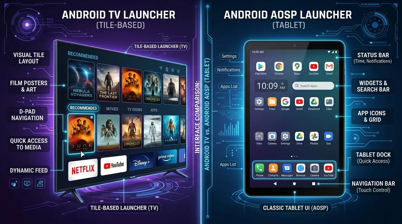 Инфографика сравнения плиточного интерфейса Android TV и классического Android AOSP с панелью навигации