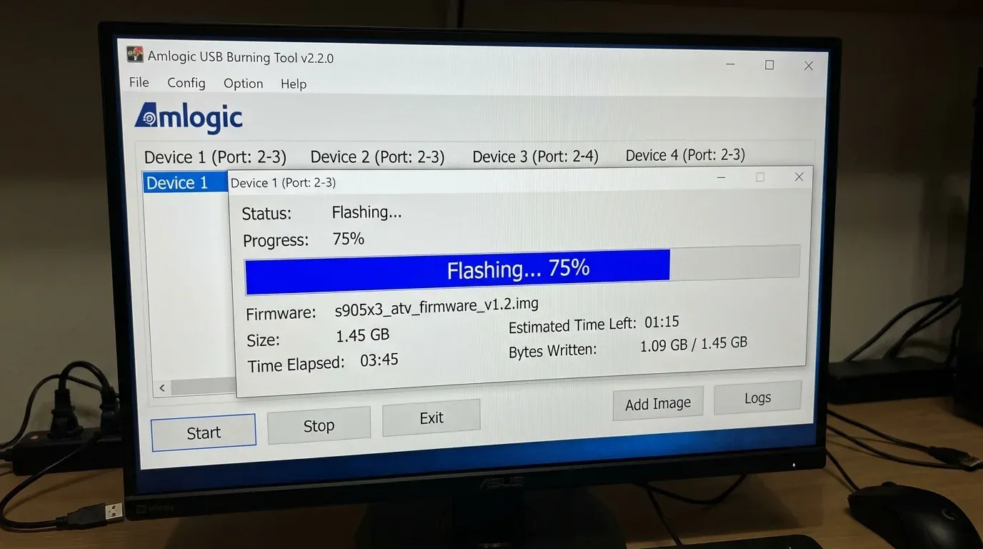 Окно программы Amlogic USB Burning Tool со статусом успешной прошивки 75 процентов