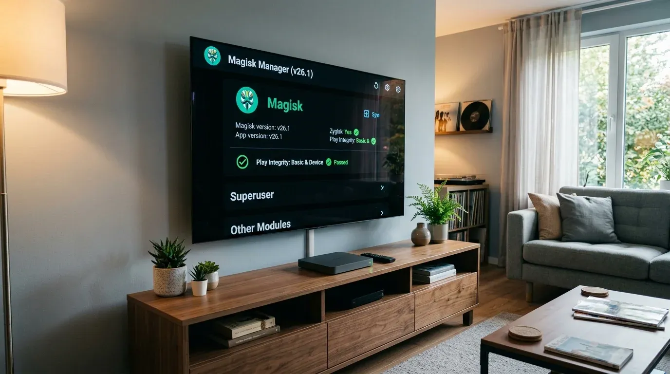 Экран телевизора с запущенным интерфейсом Magisk Manager на Android TV с зелеными отметками Zygisk и Play Integrity