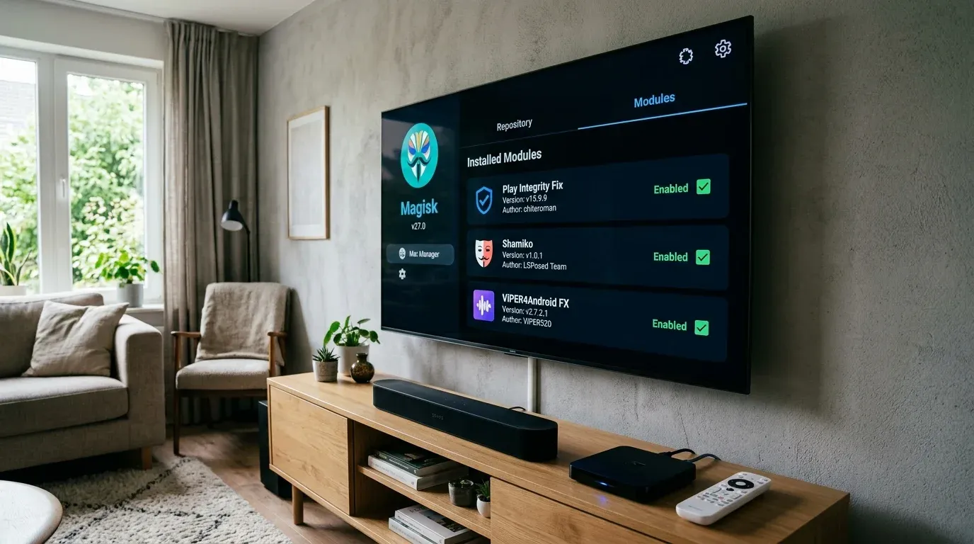Список установленных модулей Magisk на экране телевизора: Play Integrity Fix, Shamiko и ViPER4Android FX