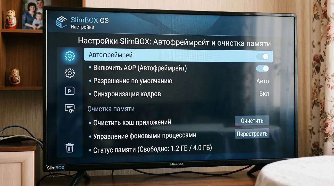 Меню настроек SlimBOX OS с автофреймрейтом и очисткой памяти