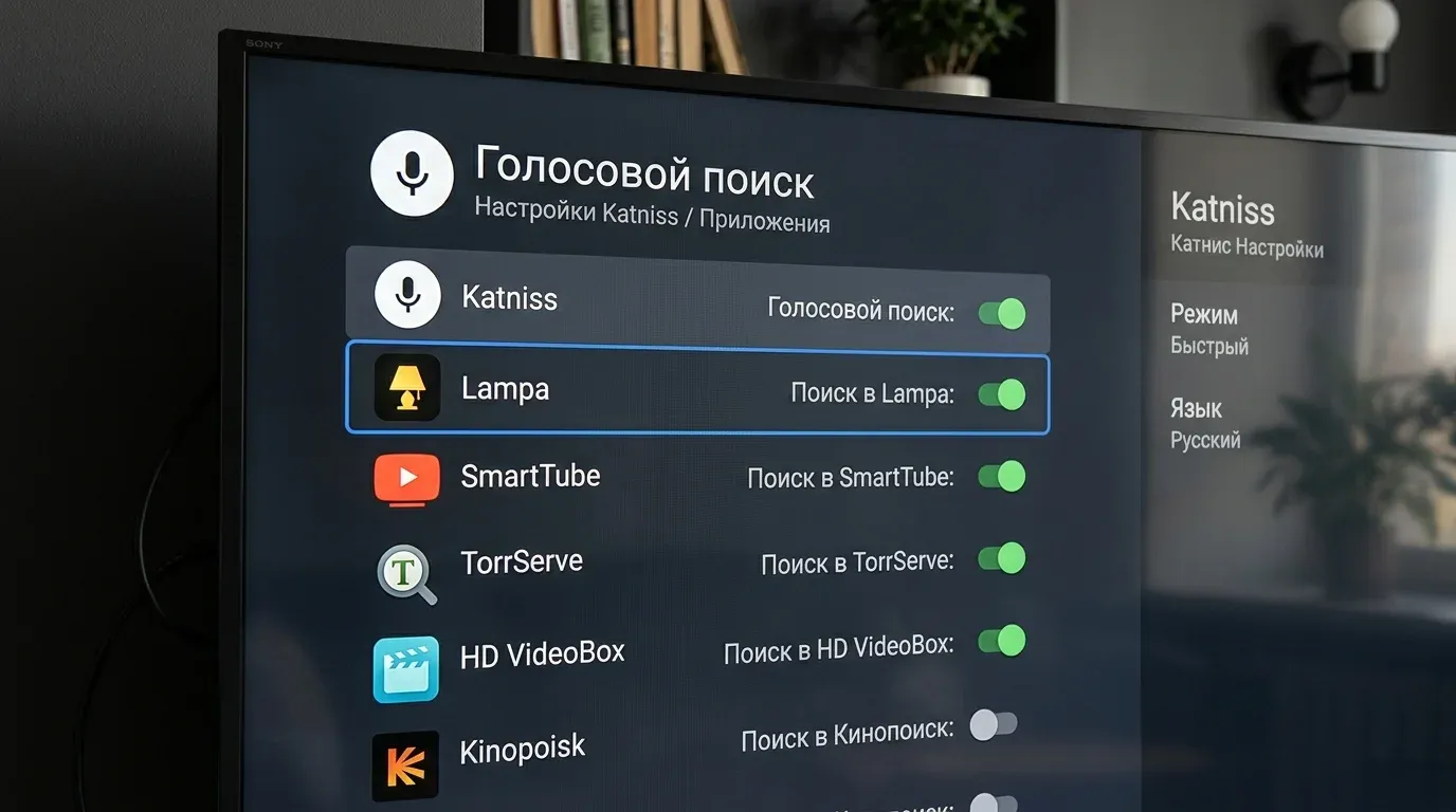 Экран меню настроек голосового поиска Katniss в прошивке Slimbox с переключателями Lampa и SmartTube