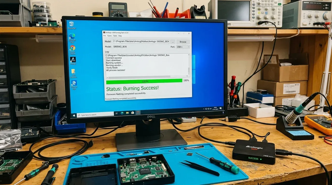 Процесс прошивки приставки в программе Amlogic USB Burning Tool на ПК со 100% прогресс-баром