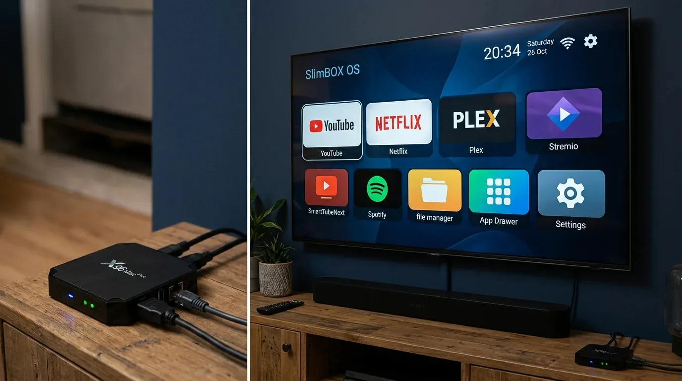 ТВ-приставка X96 Max Plus под телевизором с запущенным интерфейсом SlimBOX OS