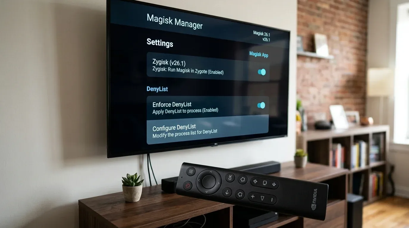 Меню расширенных настроек Magisk Settings на экране телевизора с тумблерами Zygisk и Enforce DenyList