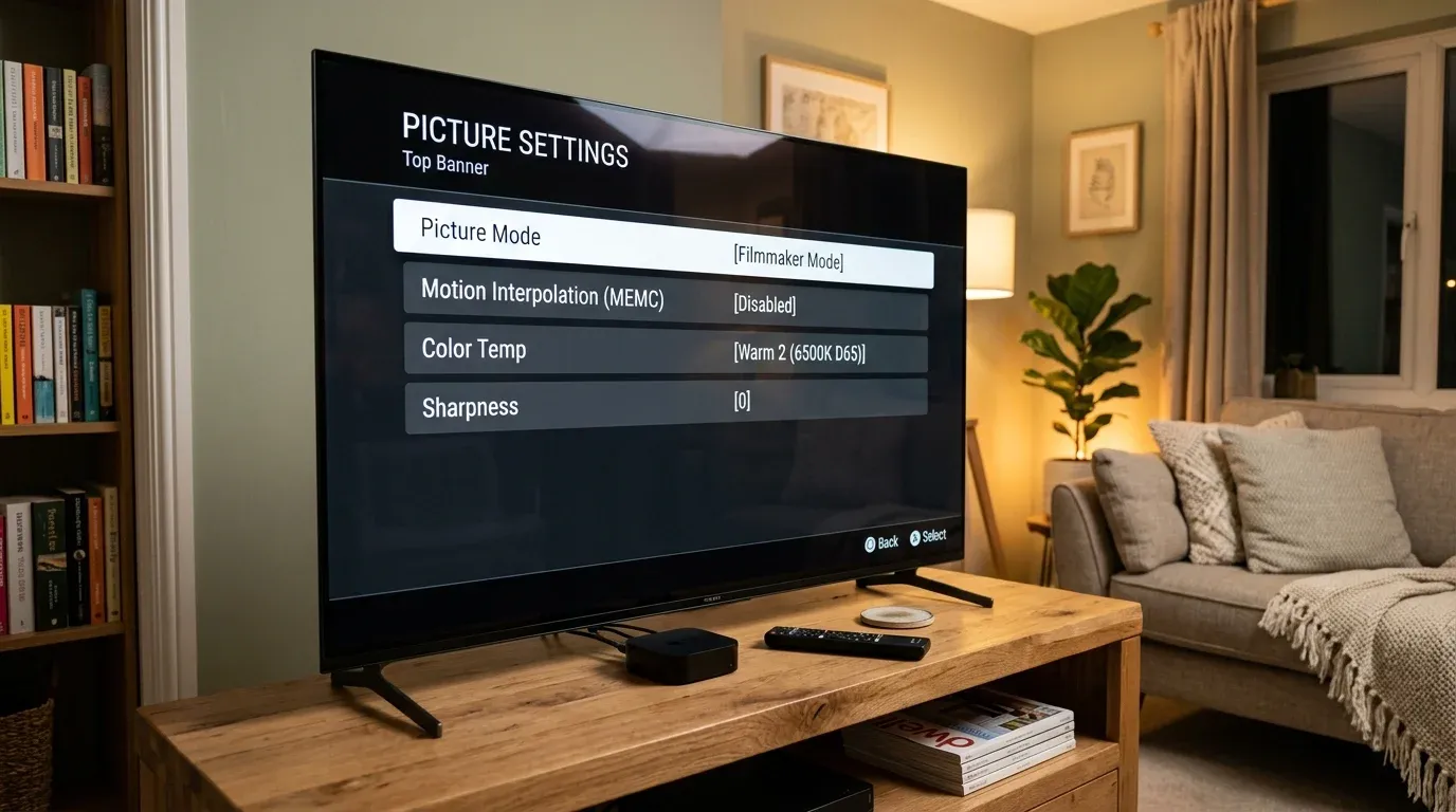 OLED телевизор на тумбе в гостиной с открытым меню настроек Filmmaker Mode и отключенным MEMC