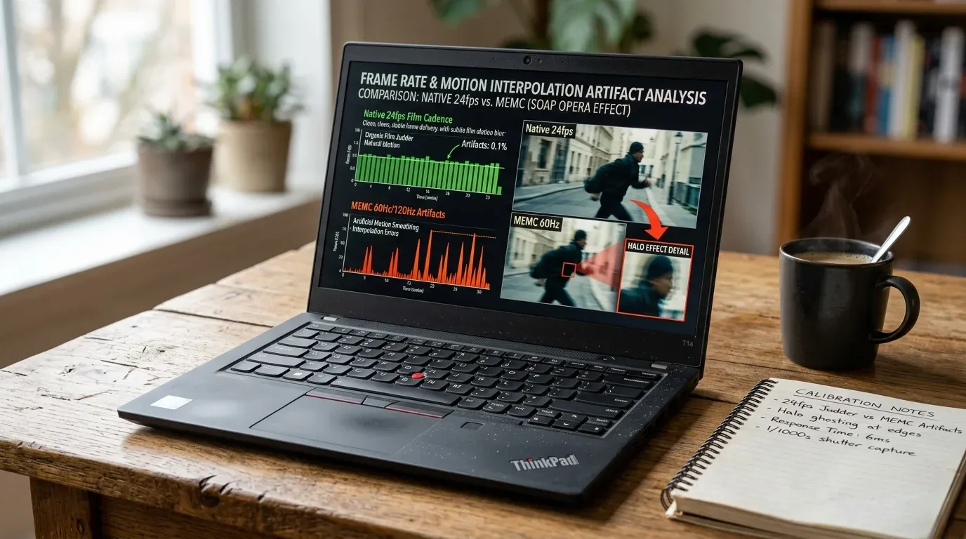 Ноутбук ThinkPad с открытым графиком анализа артефактов интерполяции кадров MEMC в динамических сценах