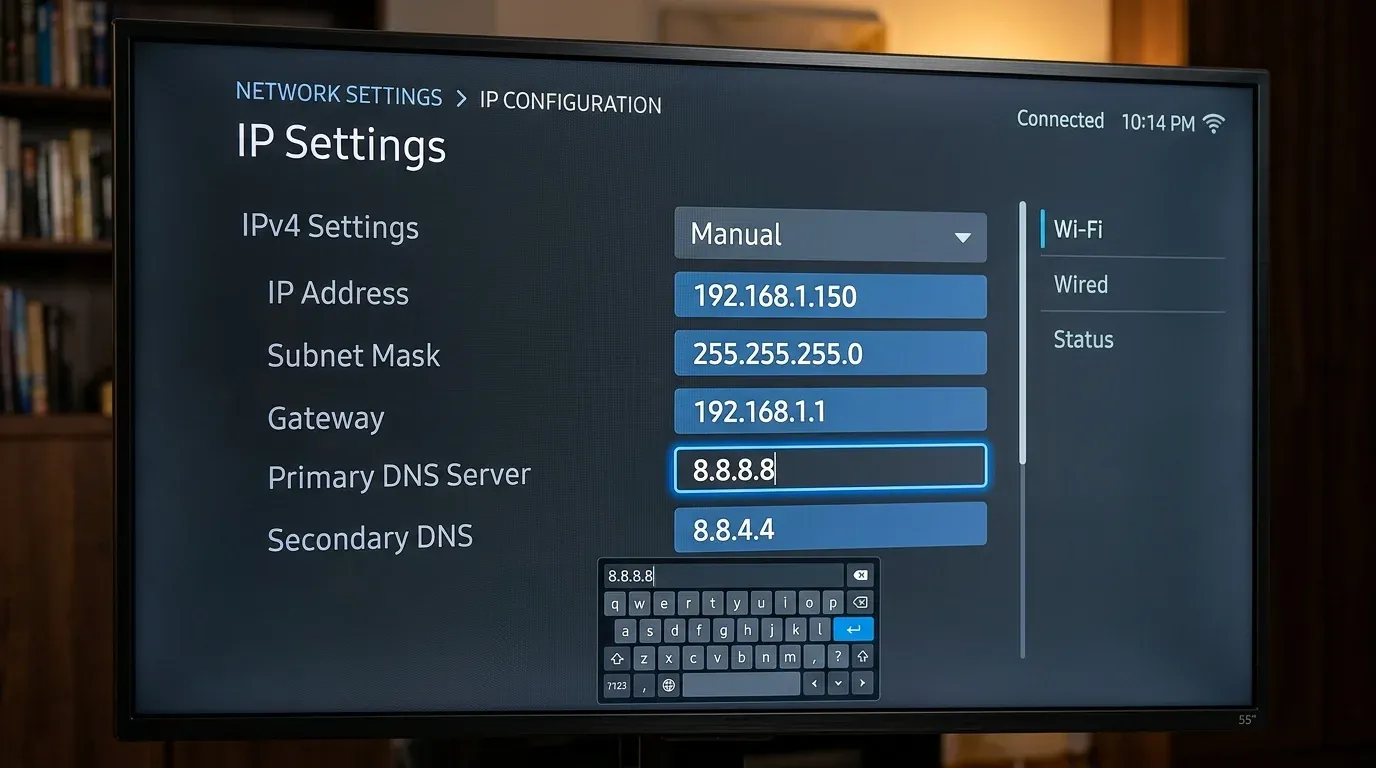 Меню ручной настройки параметров IP и DNS серверов Google 8.8.8.8 на Smart TV
