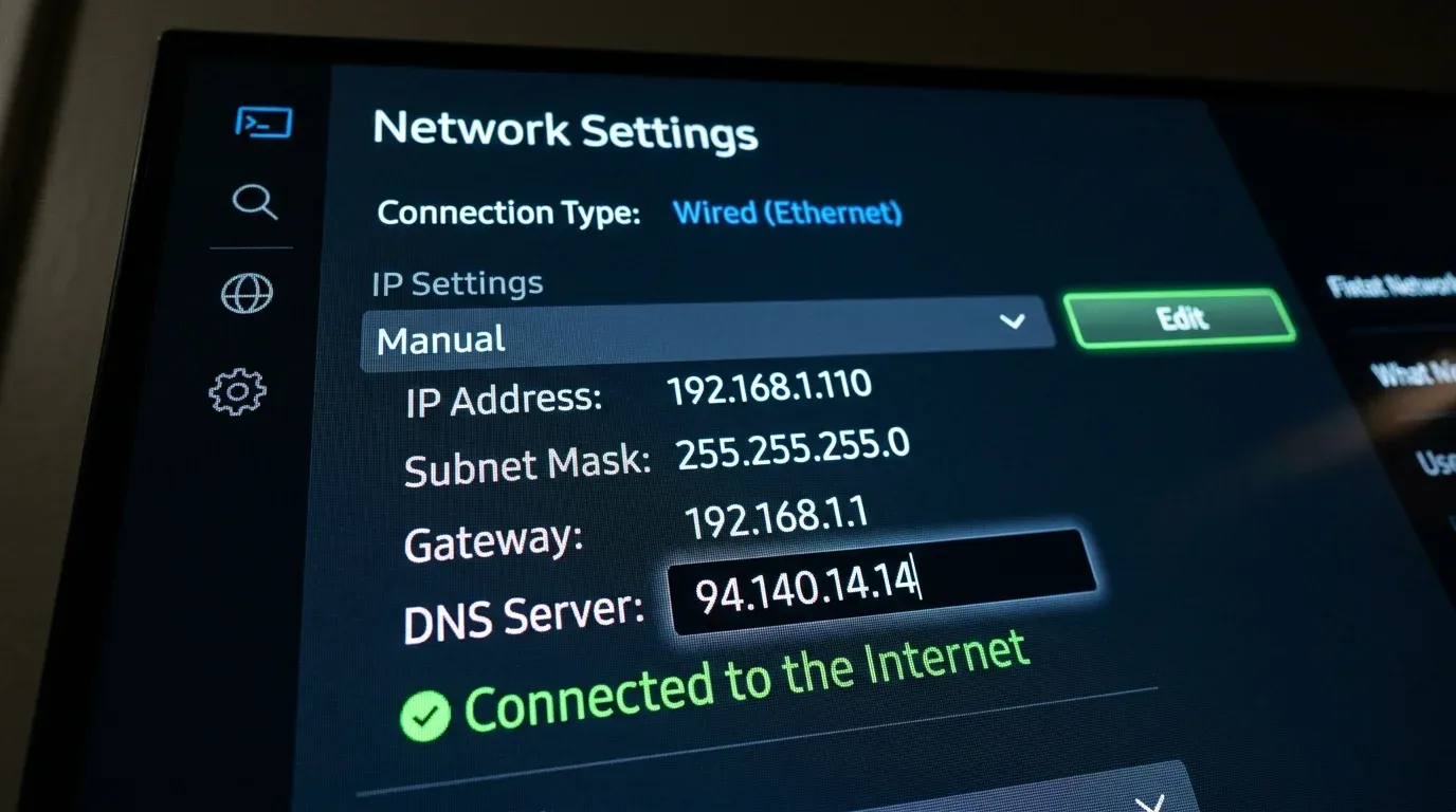 Экран ручной настройки IP параметров на Smart TV с введенным DNS 94.140.14.14