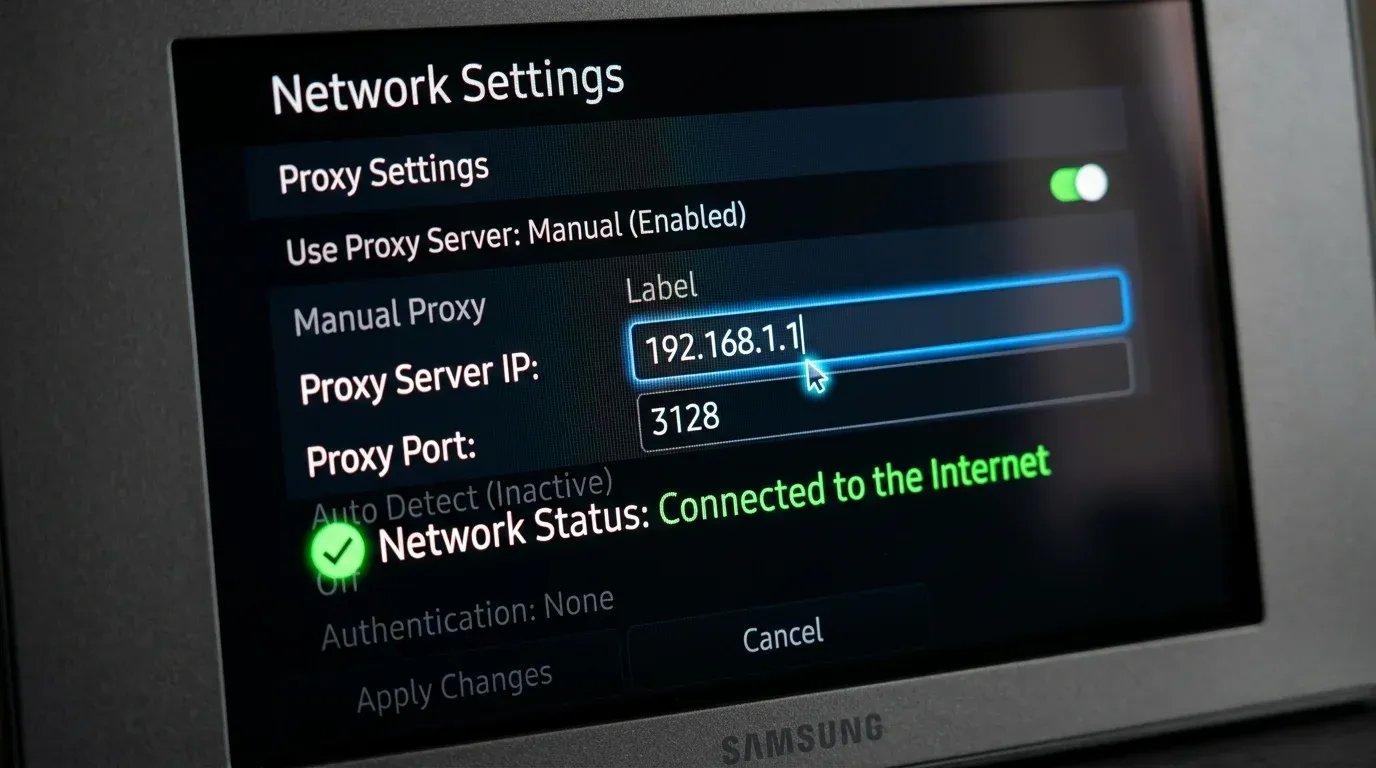 Экран сетевых настроек телевизора Samsung Smart TV с ручным указанием прокси 192.168.1.1:3128