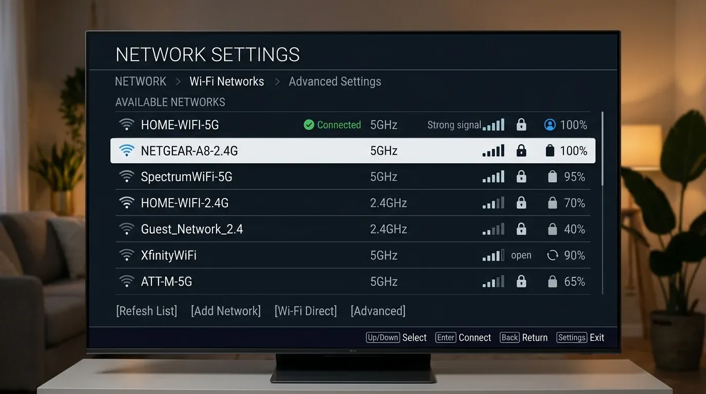 Экран сетевых настроек Smart TV со списком доступных Wi-Fi сетей 2.4 ГГц и 5 ГГц