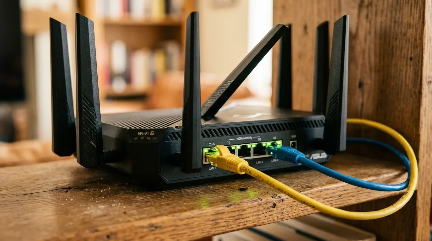 Wi-Fi 6 роутер с подключенными Ethernet кабелями и зелеными светодиодами активности на полке