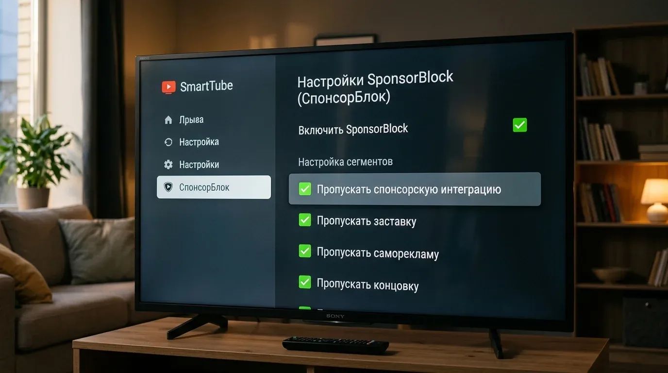 Экран настроек плагина SponsorBlock в меню приложения SmartTube