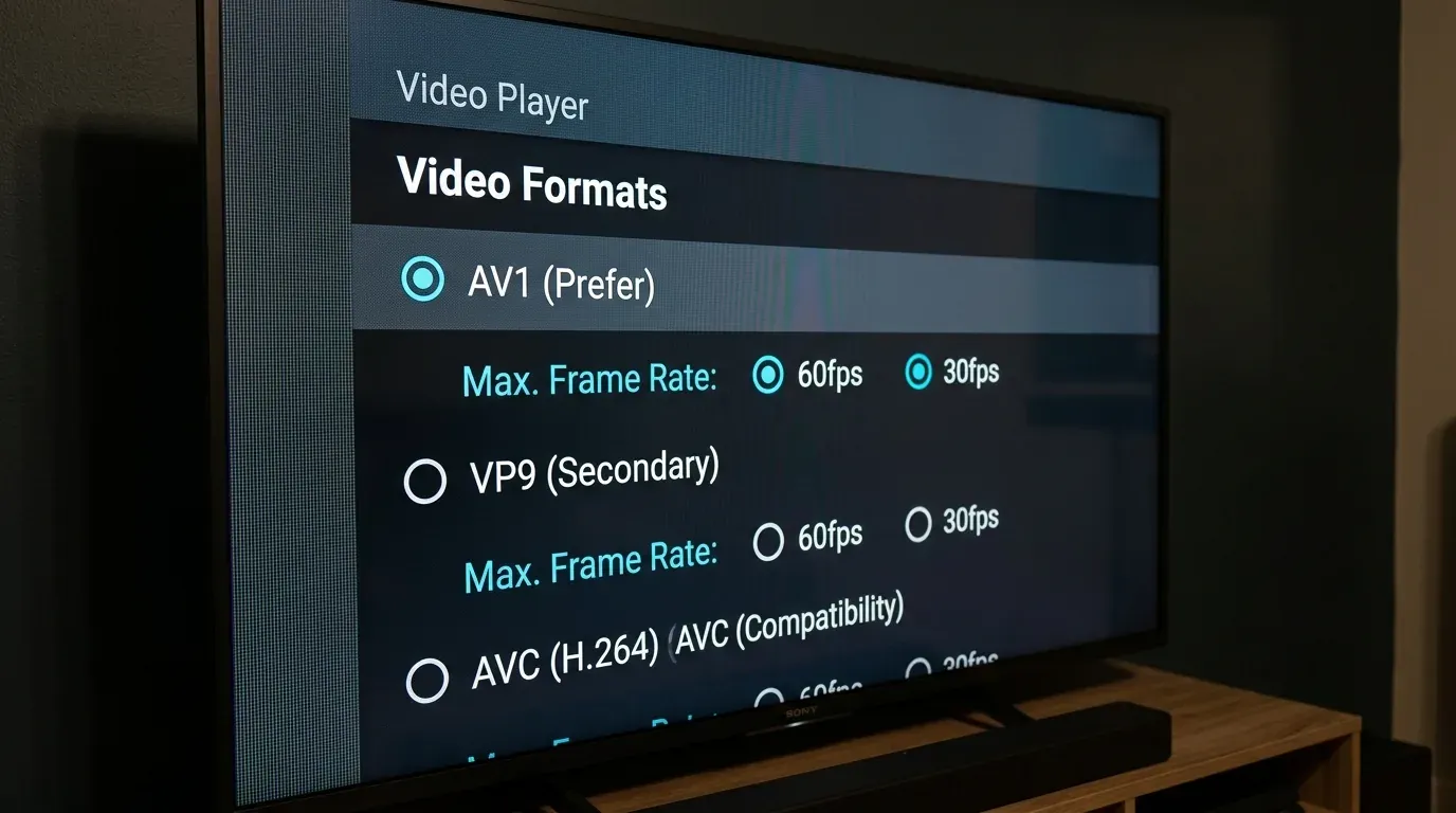 Меню выбора видеокодеков VP9 и AV1 в настройках форматов видео SmartTube