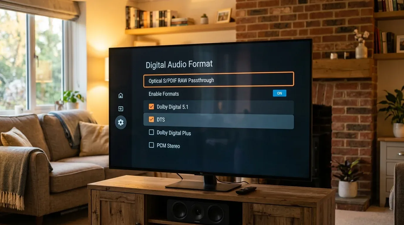 Меню выбора цифрового аудиоформата Optical SPDIF RAW Passthrough на экране Android TV