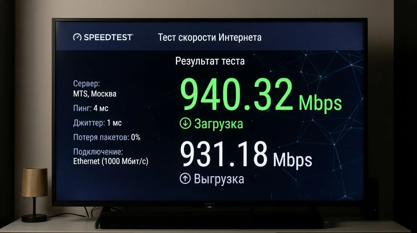 Экран телевизора с результатом замера скорости сети 940 Мбит/с в приложении Speedtest