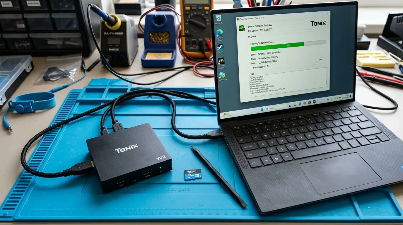 Процесс прошивки ТВ-приставки Tanix W2 через кабель USB на рабочем месте мастера