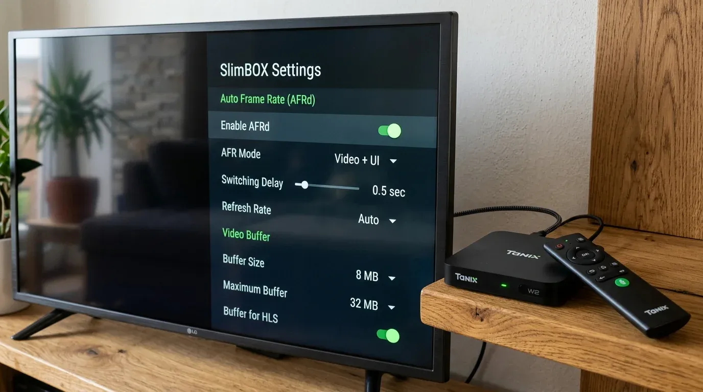 Меню расширенных настроек SlimBOX Settings на экране телевизора с настройкой AFRd