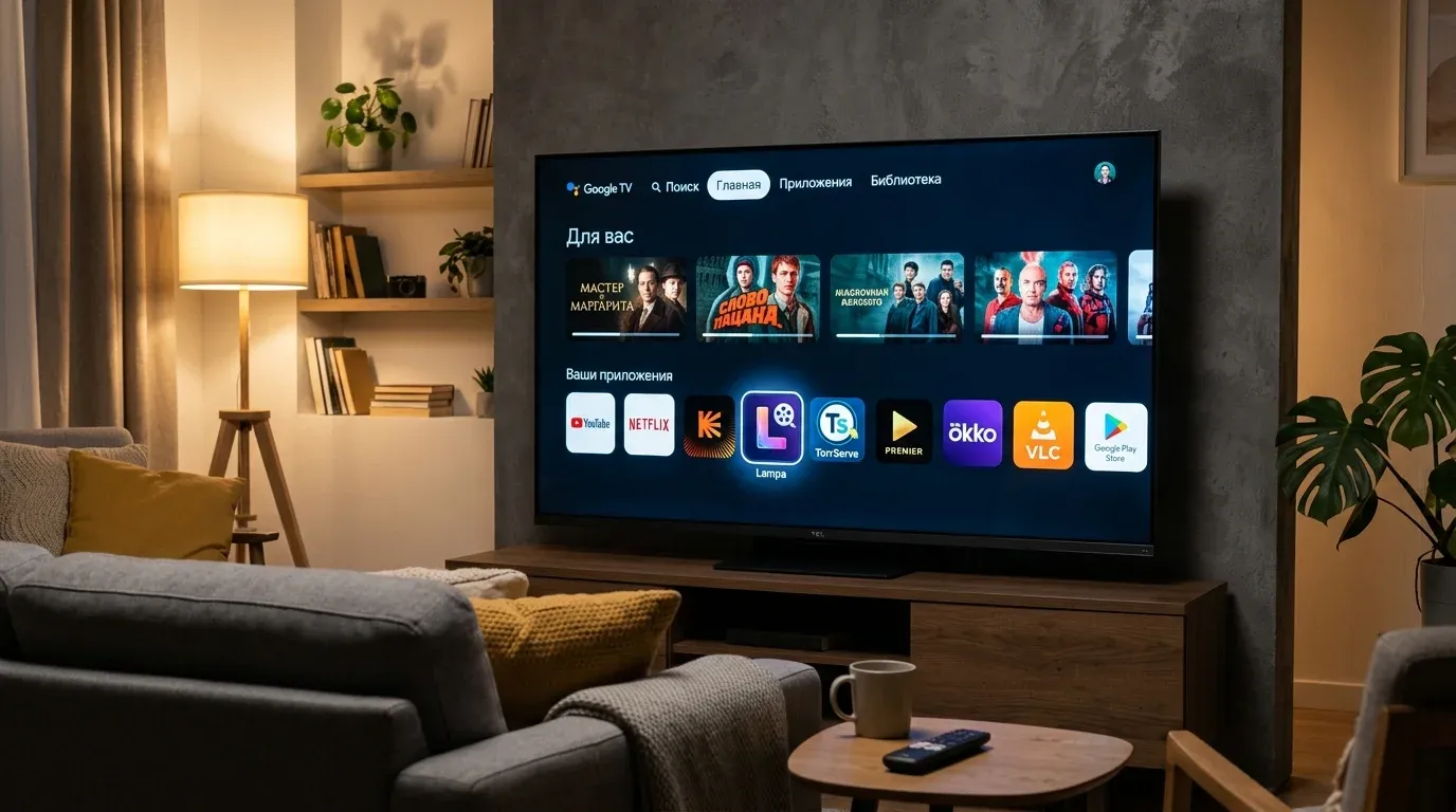 Телевизор TCL с запущенным интерфейсом Google TV и установленным приложением Lampa
