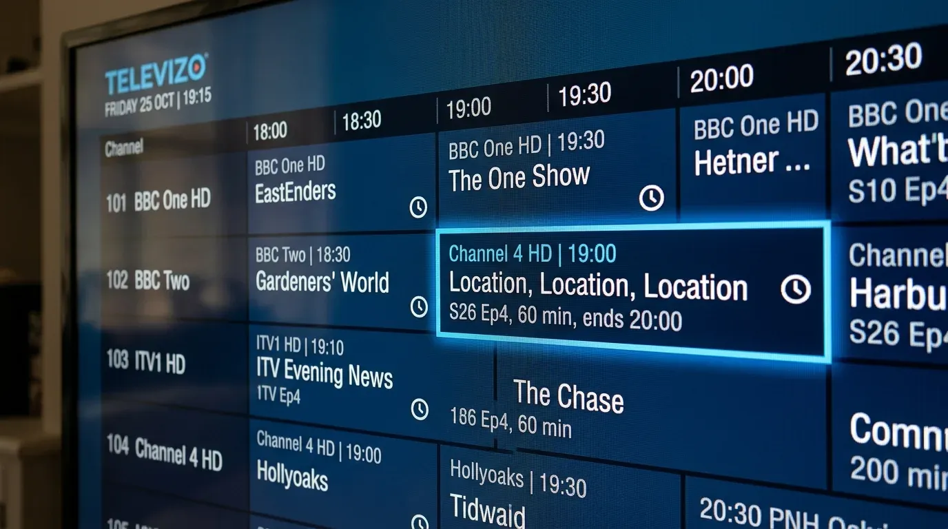 Сетка электронной телепрограммы EPG с временной шкалой и значками архива в плеере Televizo