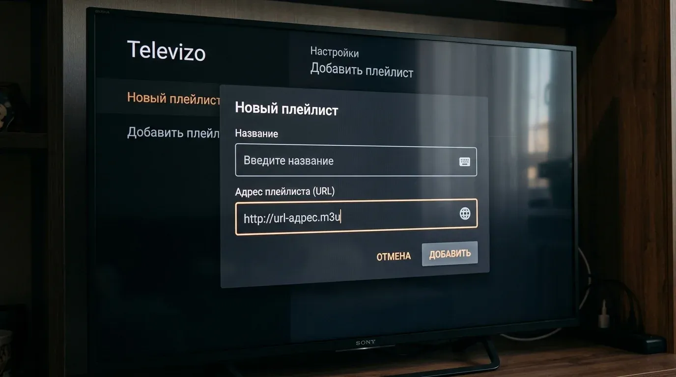 Всплывающее окно добавления нового плейлиста в интерфейсе Televizo