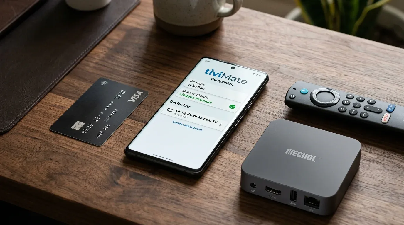 Рабочий стол с запущенным приложением TiviMate Companion на смартфоне, банковской картой и ТВ-приставкой