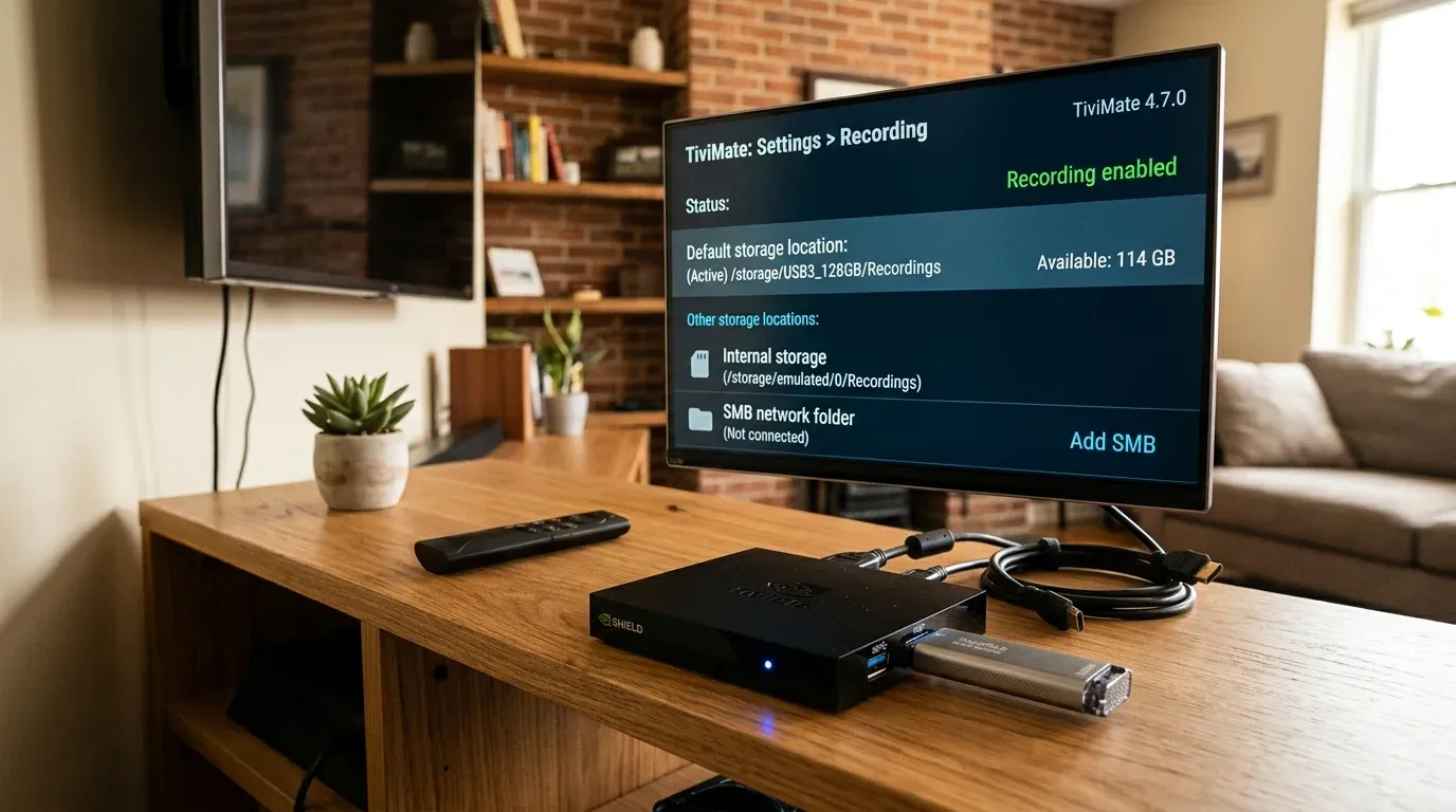 Настройка папки для записи DVR в TiviMate с подключенным скоростным USB-накопителем
