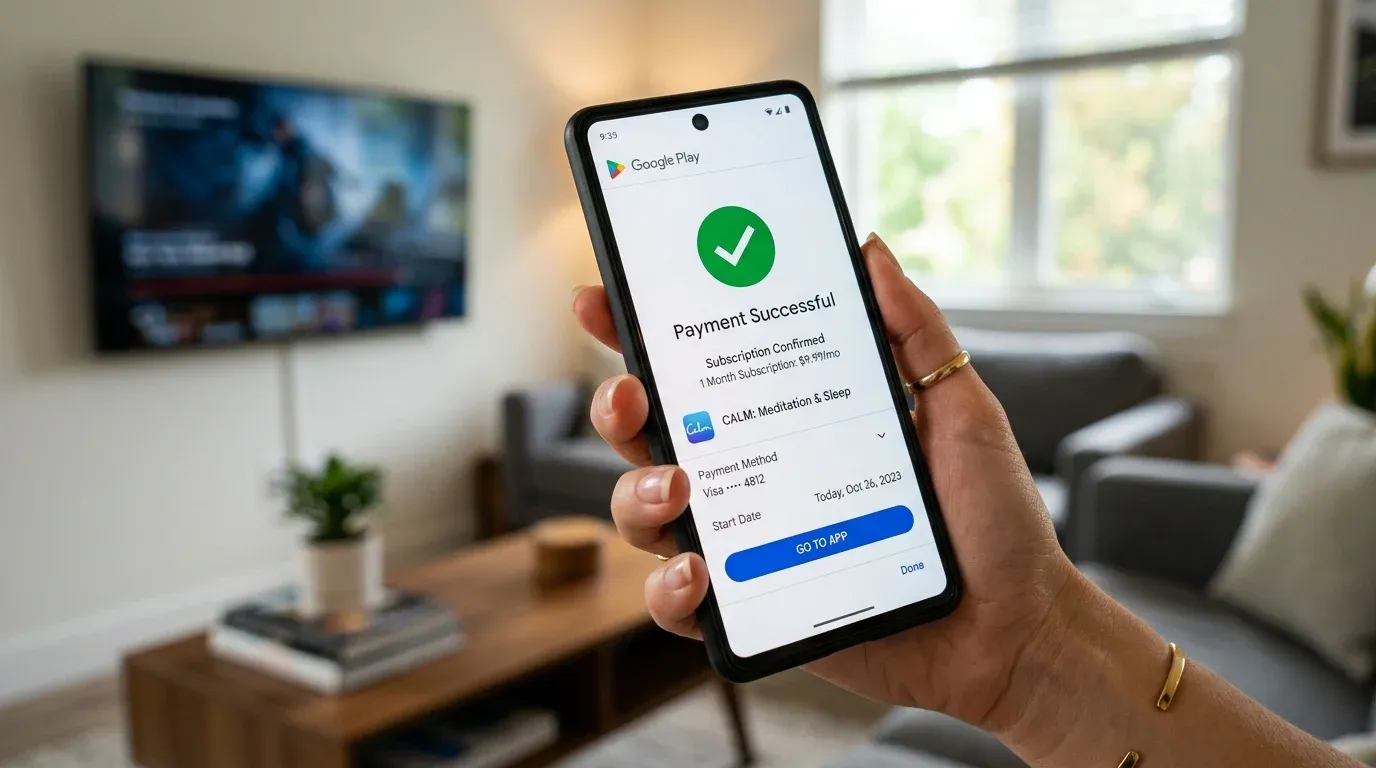Окно подтверждения успешной оплаты подписки Google Play на экране смартфона