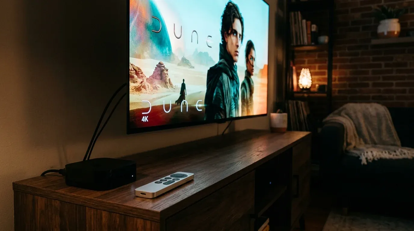 Проигрывание фильма в сверхвысоком разрешении 4K HDR на телевизоре через медиаплеер на приставке Apple TV 4K