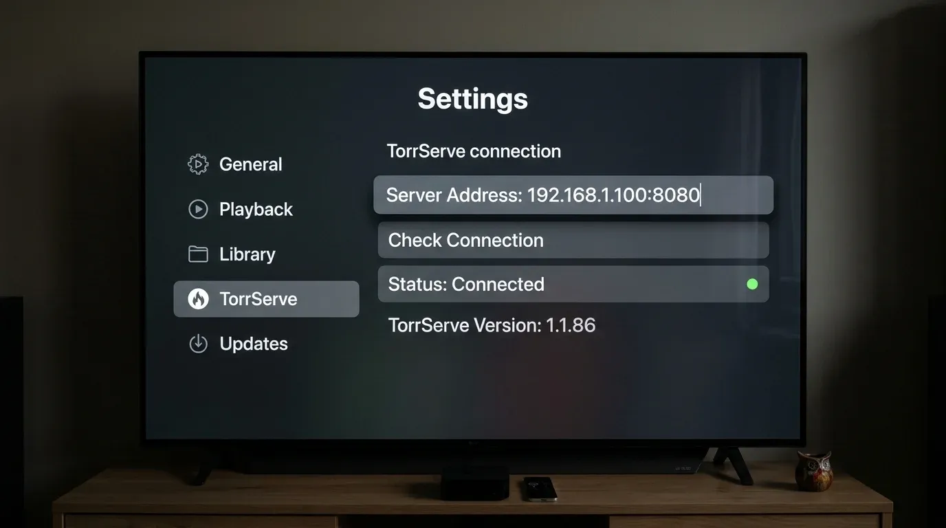 Экран настроек TorrServe внутри приложения на tvOS с прописанным IP-адресом сервера