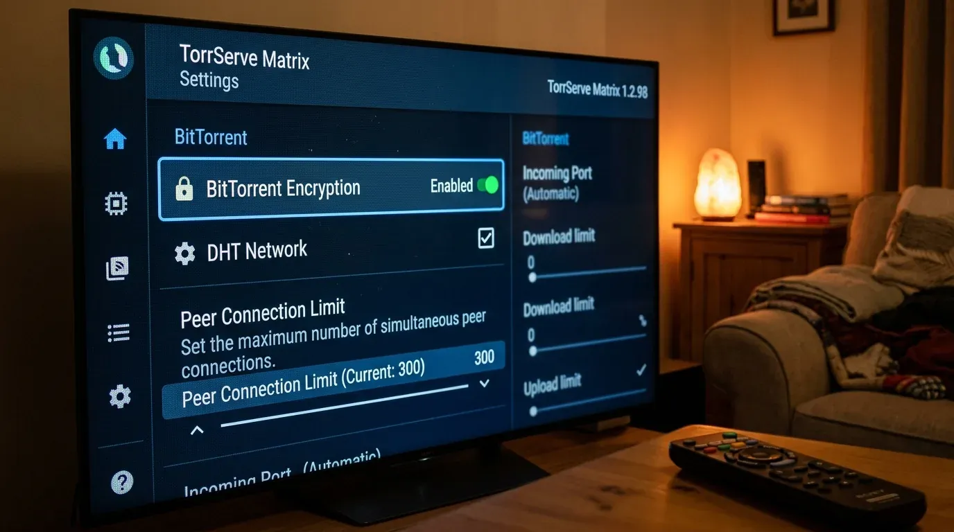 Настройки шифрования BitTorrent Encryption и лимита соединений в меню TorrServe на телевизоре