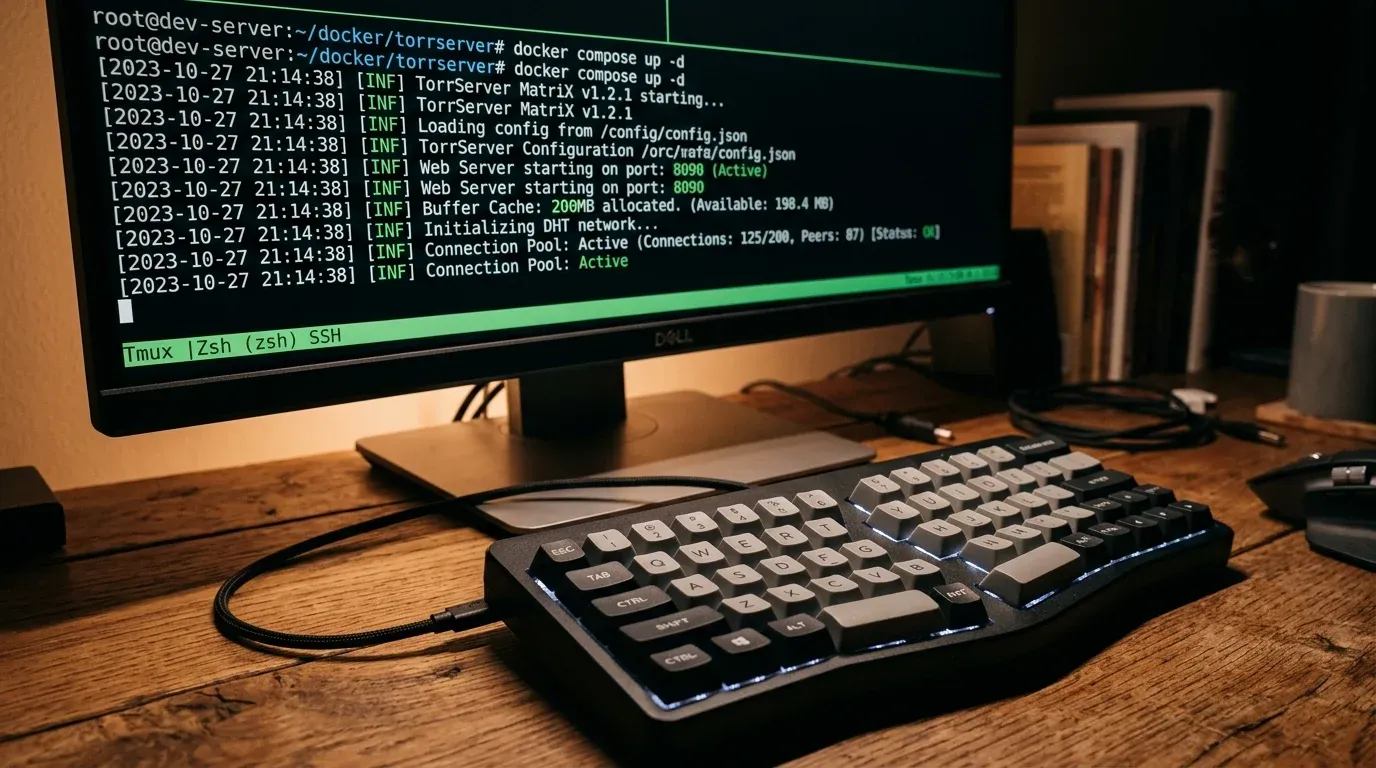 Терминал администратора с запущенным контейнером TorrServer MatriX и логами соединений в Docker